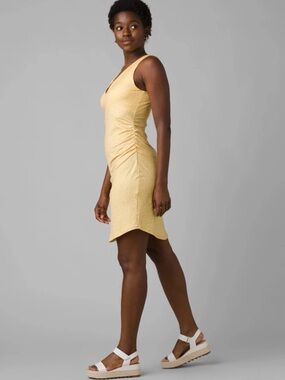 prAna Yellow Ruched Shelf Bra Travel Active Dress Estimated S
